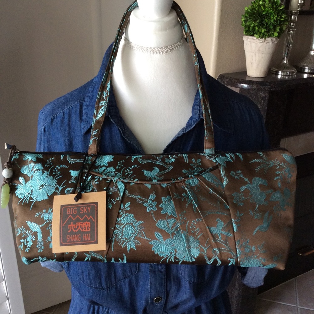 LAST 1! NEW 100% Silk Shoulder Purse Brown Aqua Birds Floral Big Sky Shanghai - Picture 5 of 8